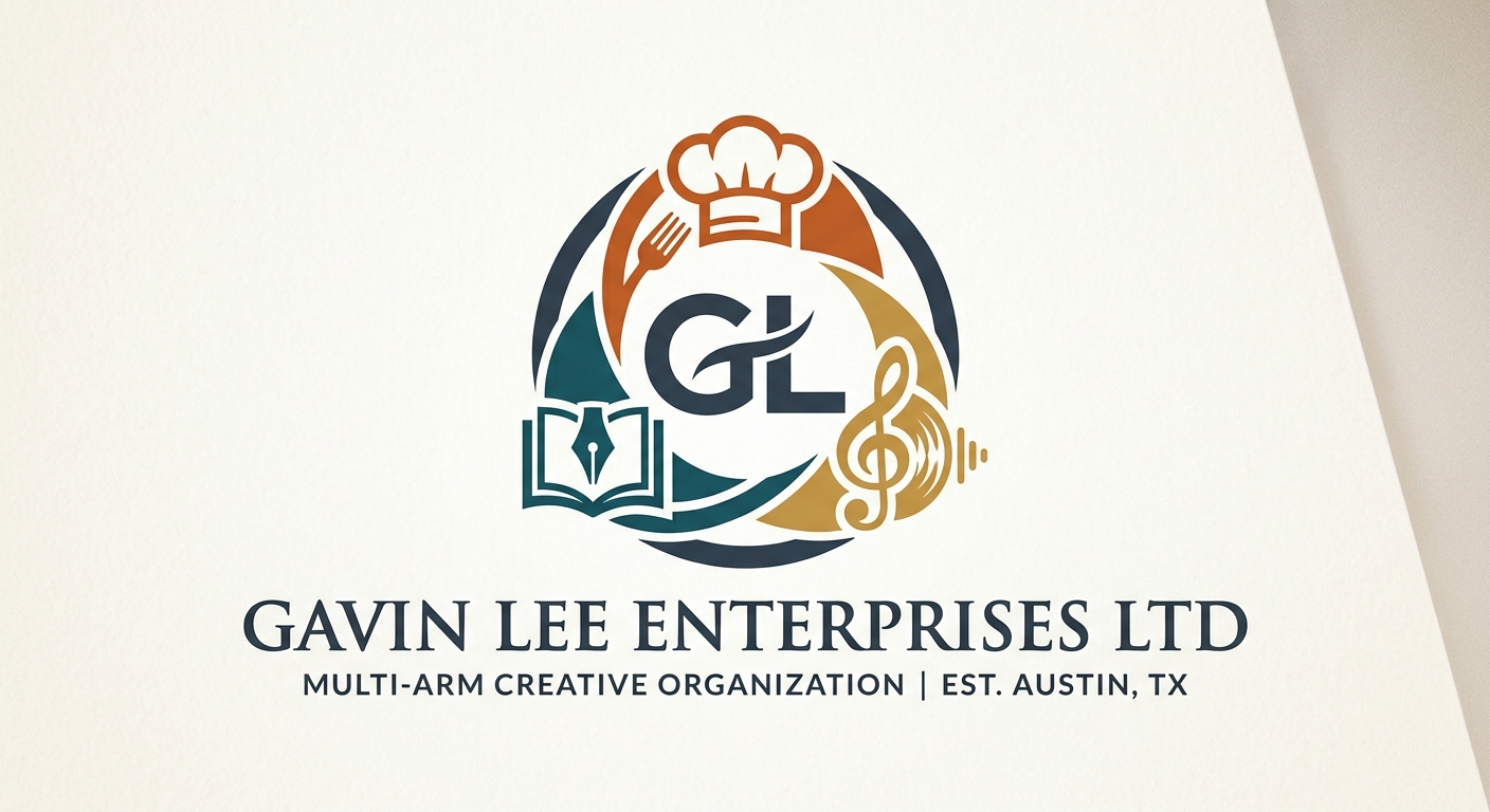 Gavin Lee Enterprises Ltd logo: a circular emblem with a chef’s hat, open book with pen nib, and treble clef around the letters GL, above the words Gavin Lee Enterprises Ltd, multi-arm creative organization, est. Austin, TX.