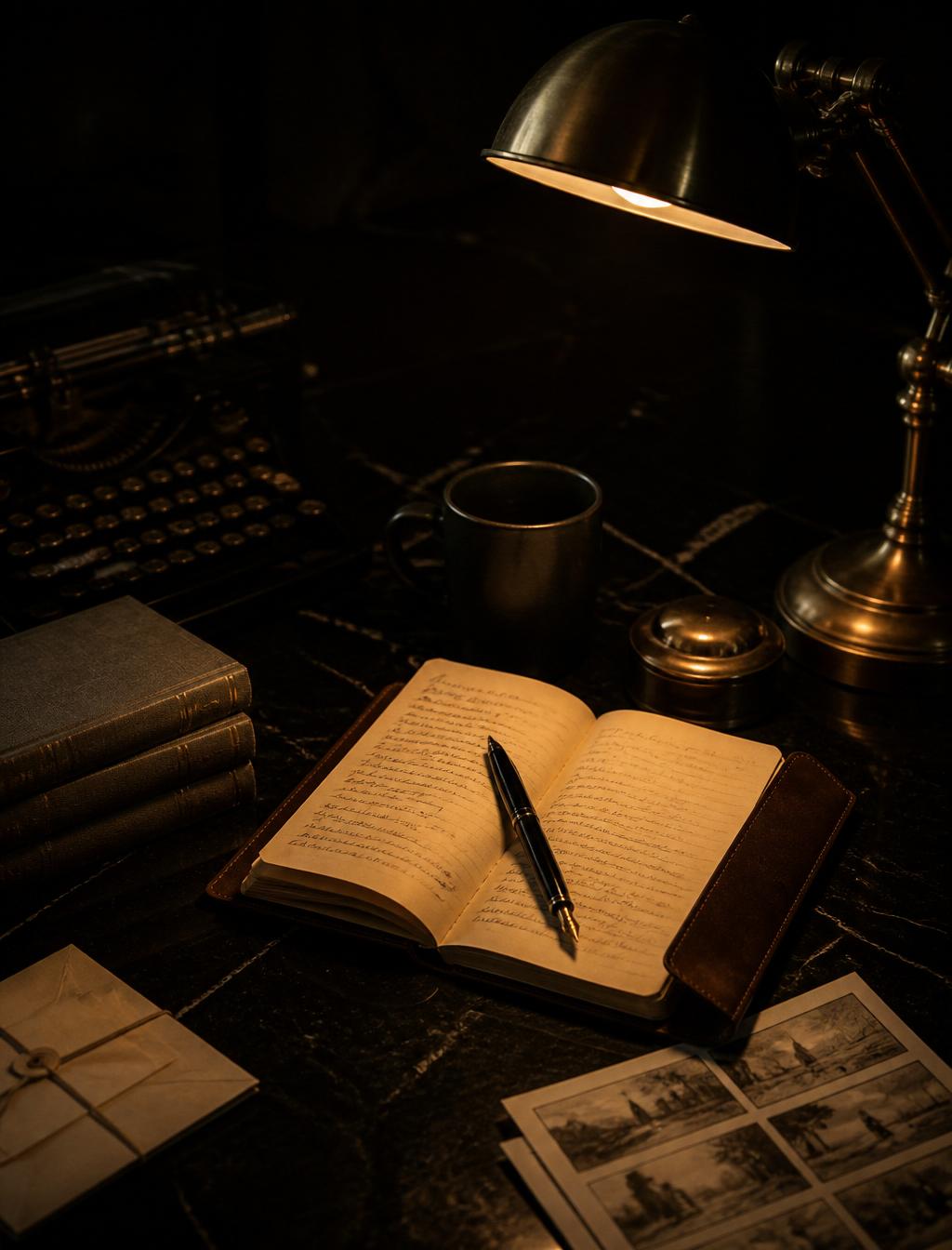 Editorial studio still life — a leather-bound notebook and fountain pen on the founder's desk.